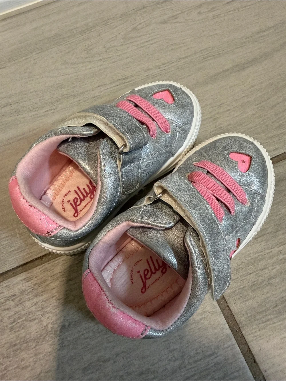 Jellypop Silver Sneakers with Pink Heart Accents